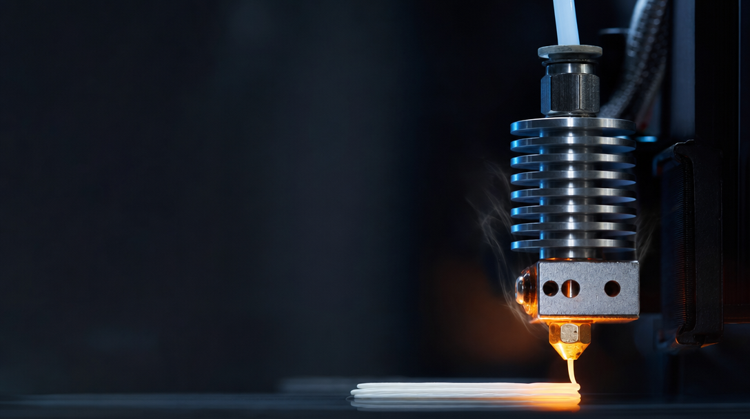 Hot end de impresora 3D con disipador y filamento, donde se produce el heat creep o atasco por calor