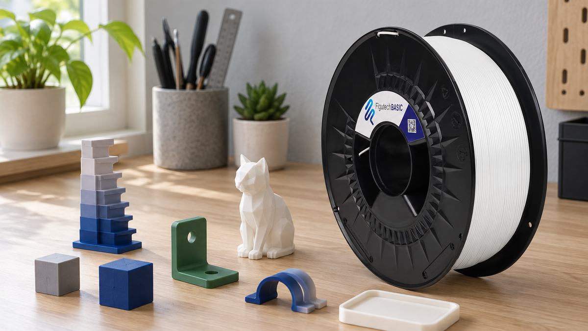 Bobina de PLA Basic blanco de Figutech sobre una mesa de taller, junto a cubos de calibración, una torre de prueba, un soporte en L, una grapa para cables y una figura impresos en 3D en varios colores.