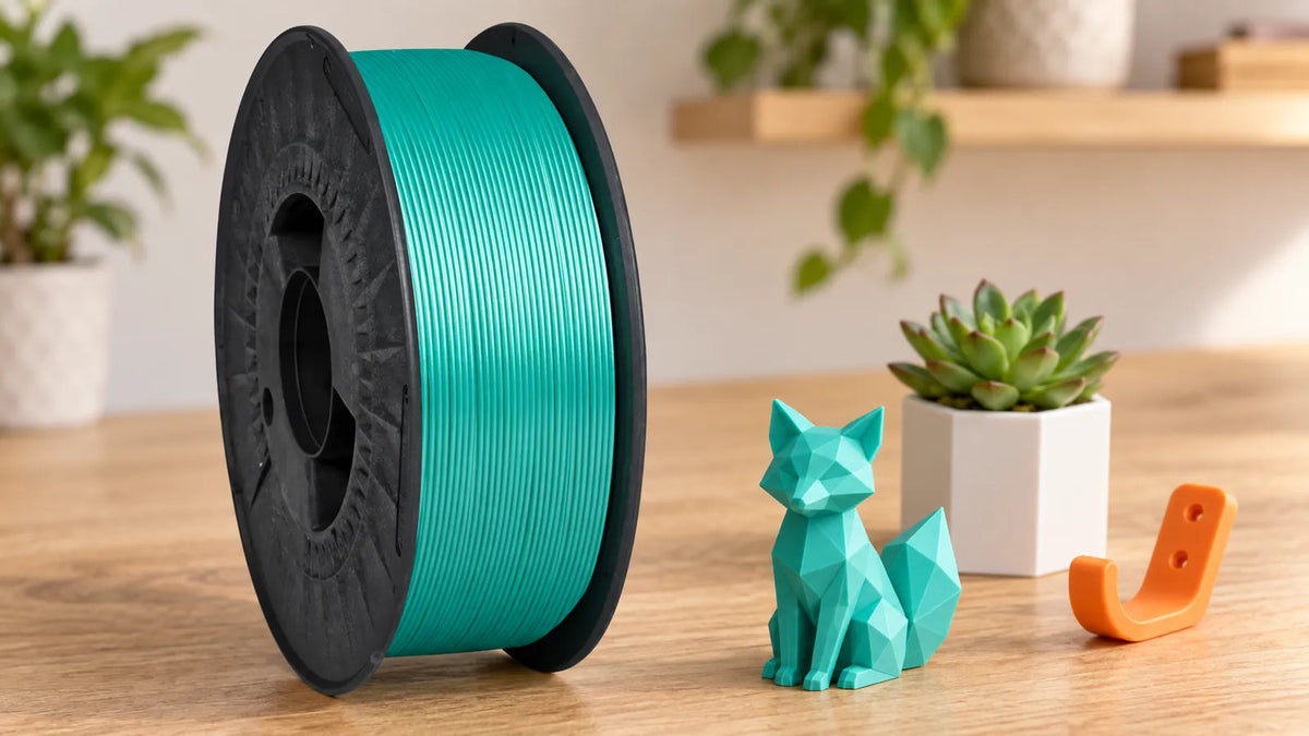 Tipos de filamento 3D: bobina de PLA ONE crystal jade de Figutech junto a tres piezas impresas en 3D, una figura, una maceta y un gancho
