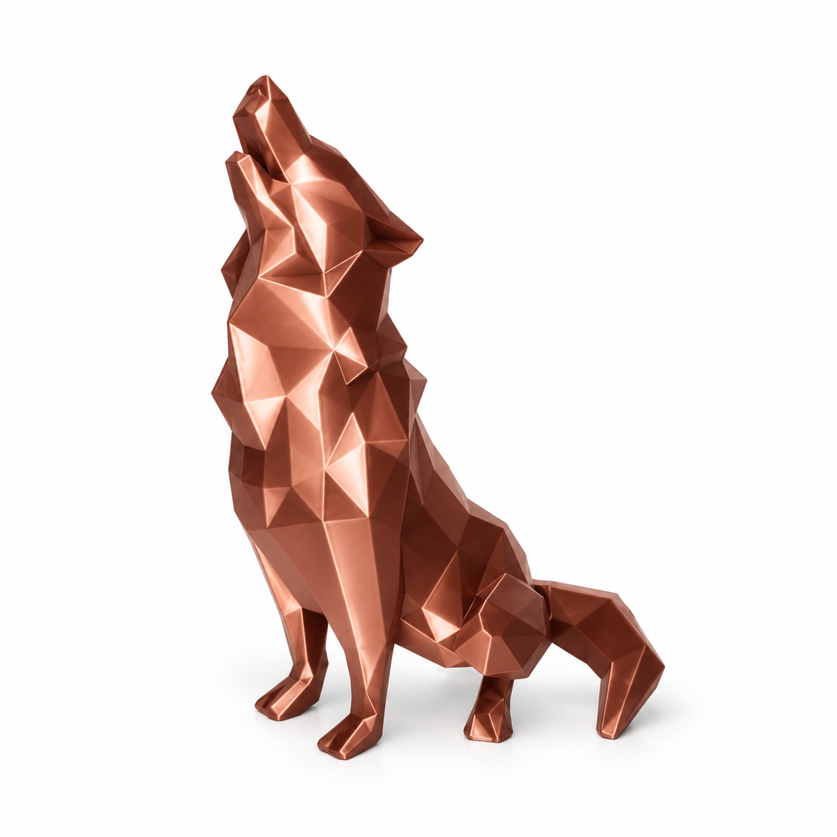 Lobo low-poly impreso en 3D con PLA Silk Cobre de Figutech, acabado seda brillante