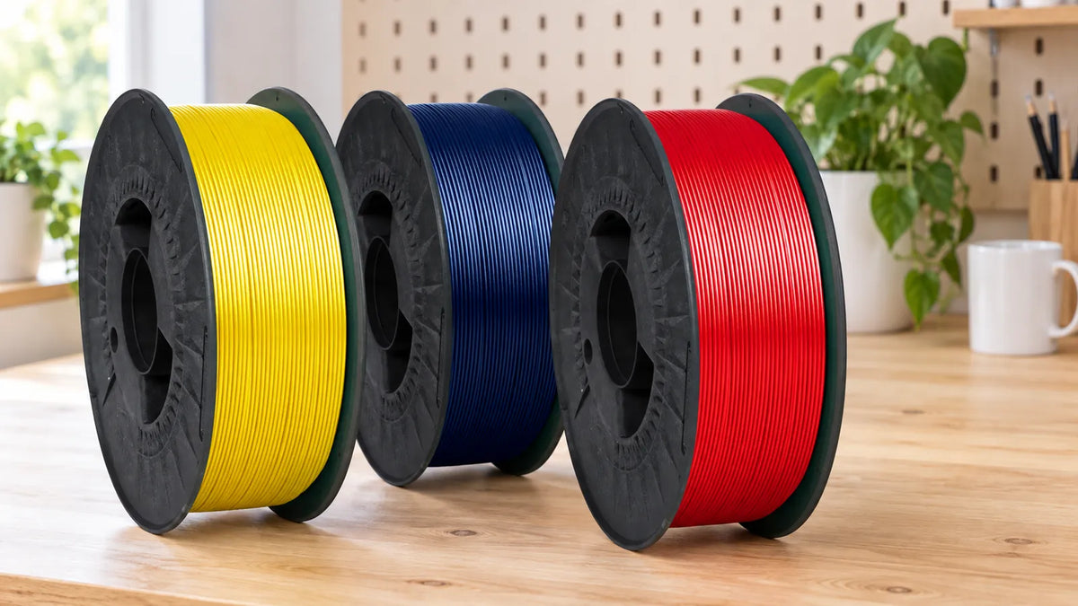 Tres bobinas de filamento PLA ONE de Figutech en amarillo, azul oscuro y rojo sobre un banco de trabajo, filamento para impresoras Bambu Lab
