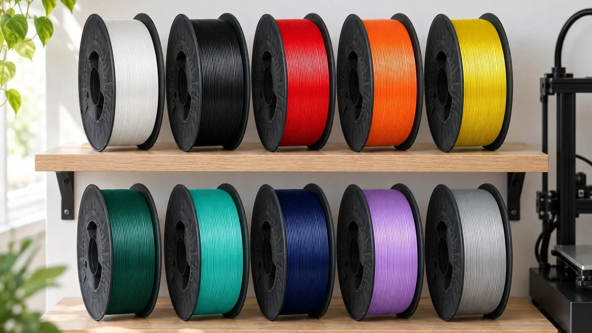 Diez bobinas de PLA ONE de Figutech de colores distintos en una estantería de taller junto a una impresora 3D
