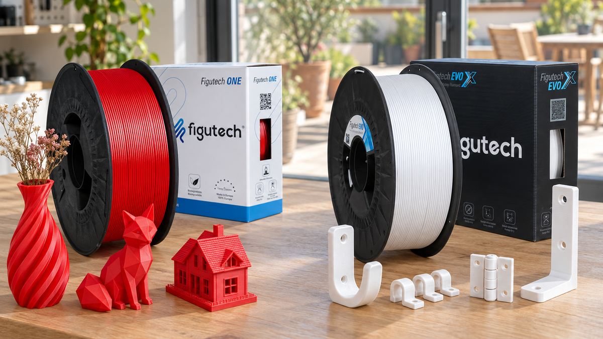 PLA vs PETG: bobina de PLA ONE rojo con piezas decorativas y bobina de PETG EVO-X blanco con piezas funcionales (gancho, clips, bisagra y escuadra)