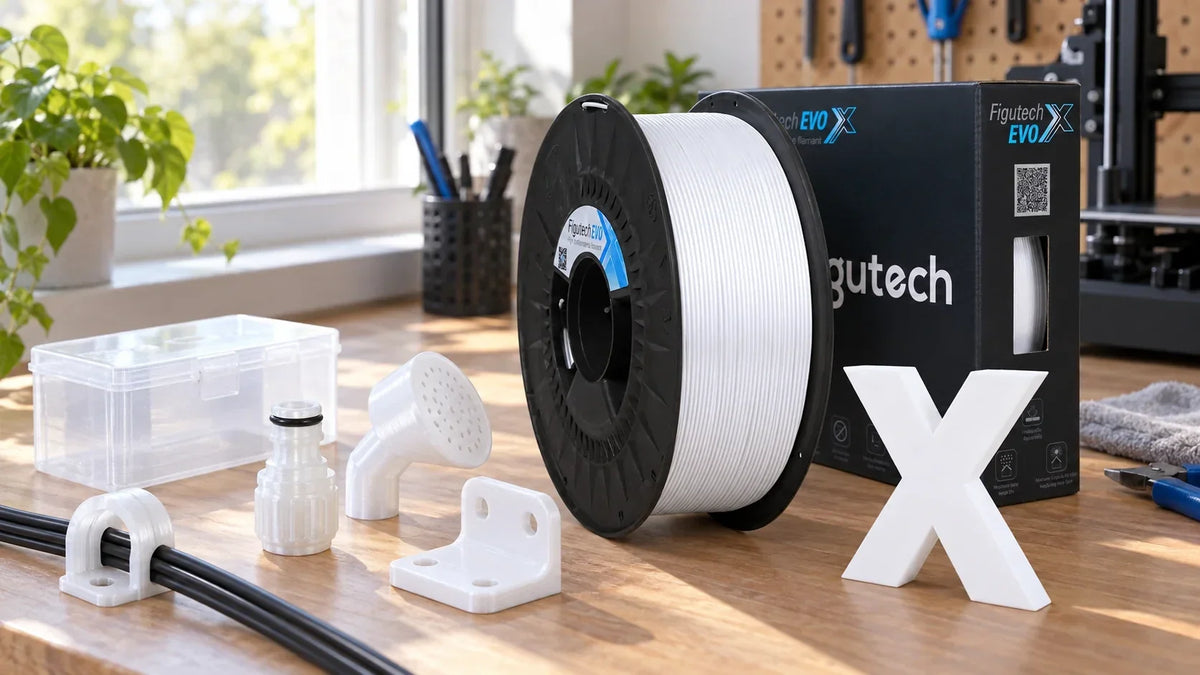 Filamento PETG EVO-X de Figutech con su caja y piezas funcionales impresas en PETG: clip de cable, conector de manguera, soporte y caja translúcida