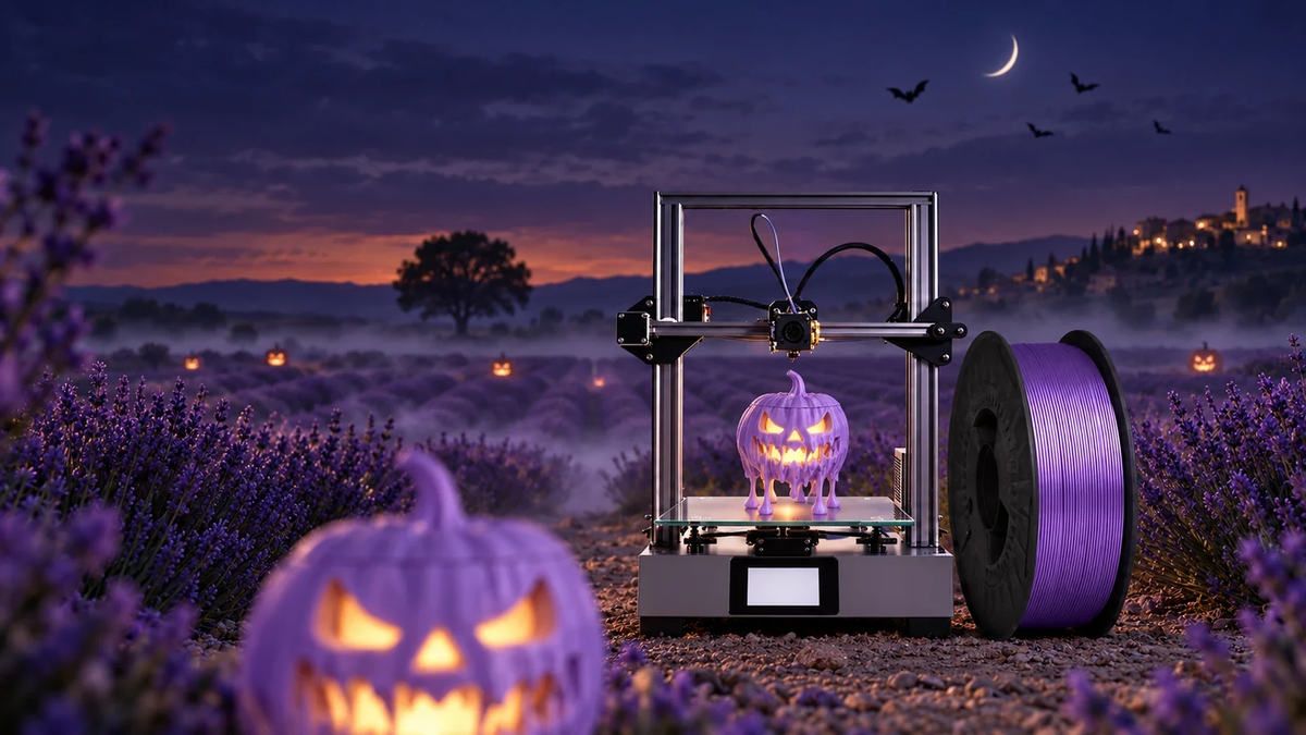 Impresora 3D con una calabaza de Halloween impresa en PLA ONE Malva y una bobina de filamento PLA ONE Malva de Figutech en un campo de lavanda de noche