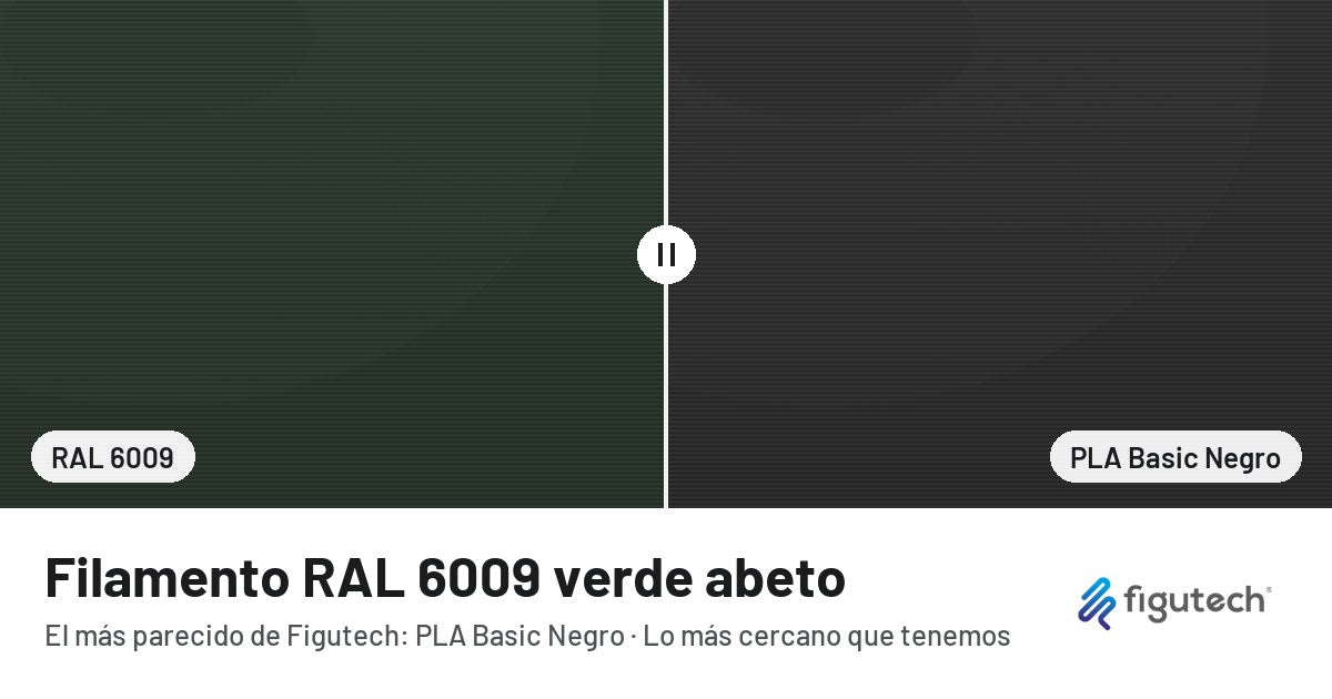 Filamento RAL 6009 verde abeto junto al PLA Basic Negro de Figutech: comparación orientativa en pantalla