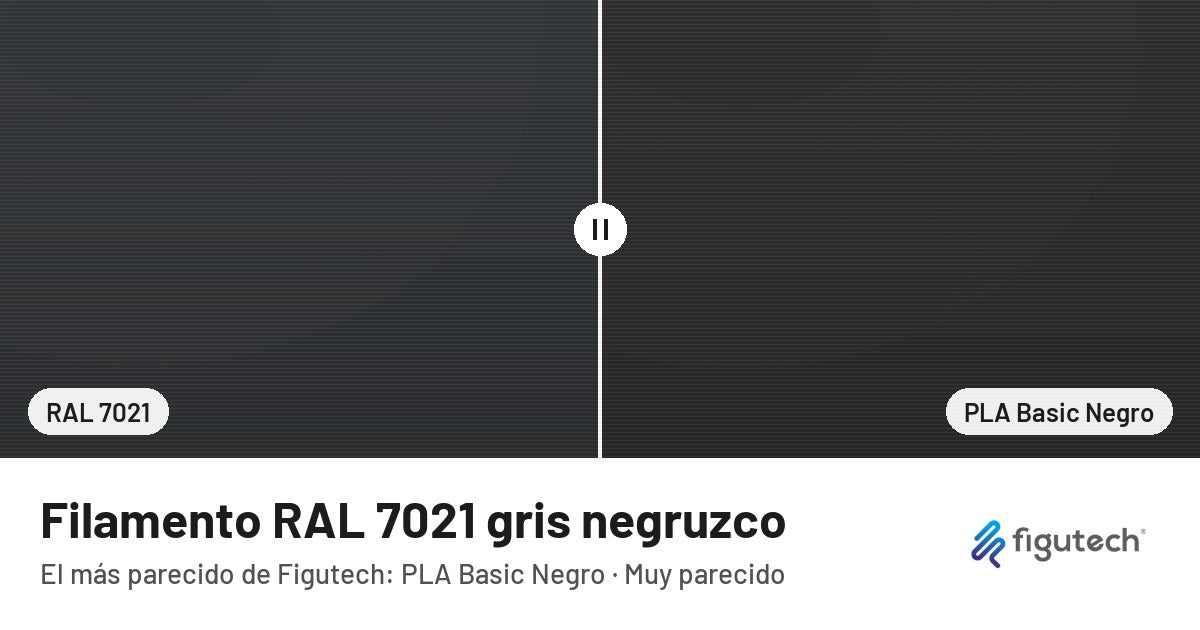 Filamento RAL 7021 gris negruzco junto al PLA Basic Negro de Figutech: comparación orientativa en pantalla