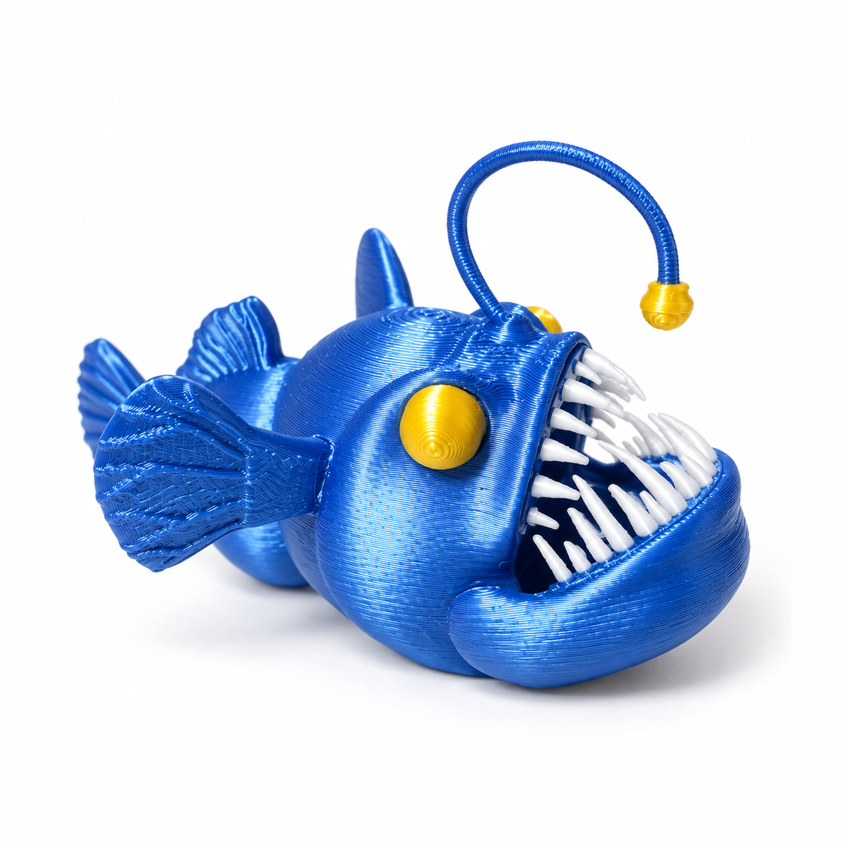 Pez abisal impreso en 3D con PLA Silk Azul de Figutech, acabado seda brillante