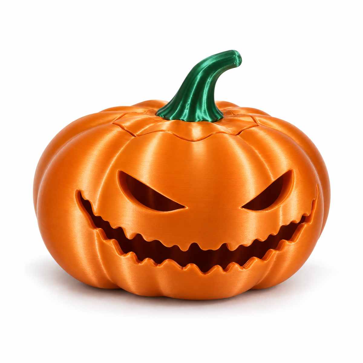 Calabaza de Halloween impresa en 3D con PLA Silk Naranja de Figutech, acabado seda brillante