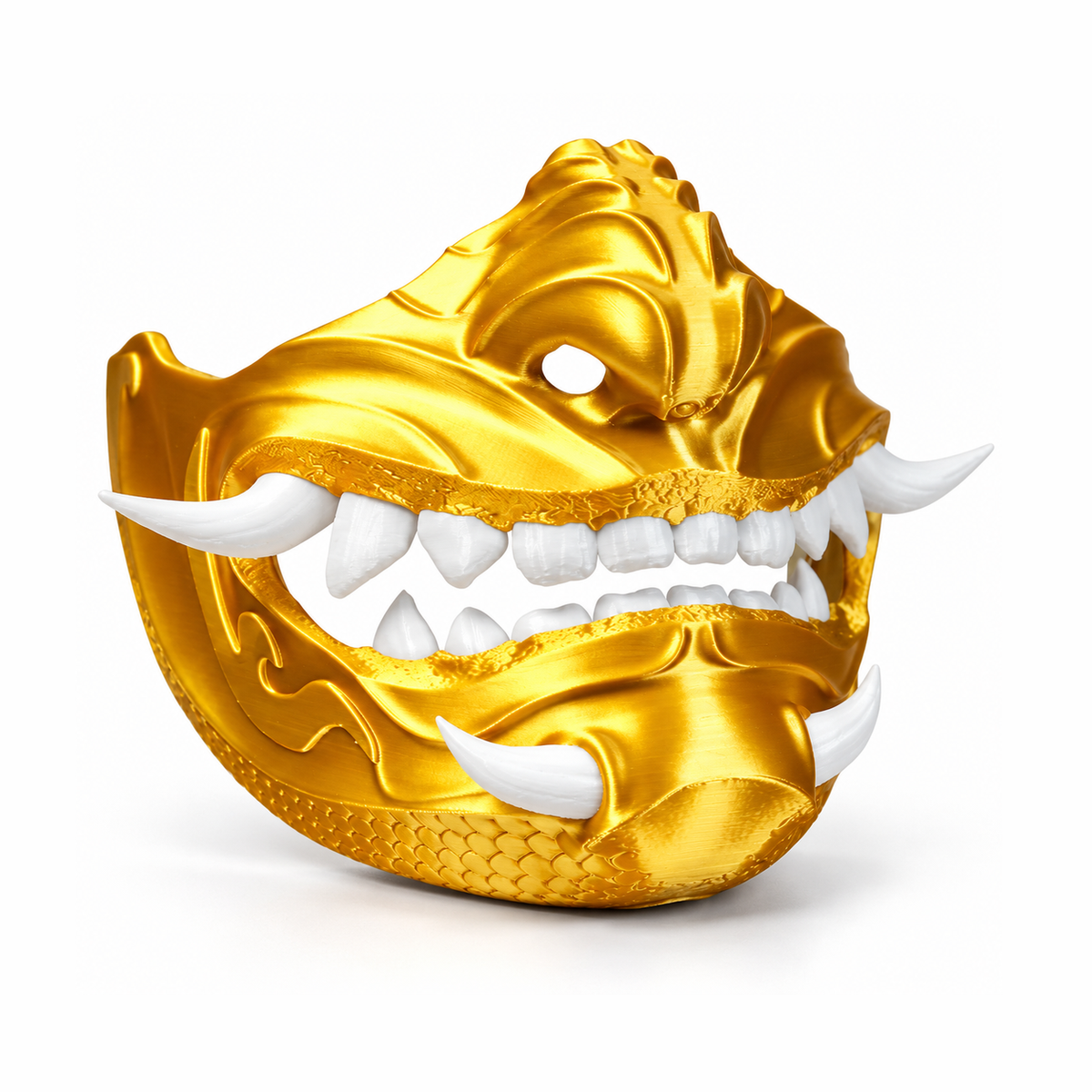 Máscara oni impresa en 3D con PLA Silk Oro de Figutech, acabado seda brillante
