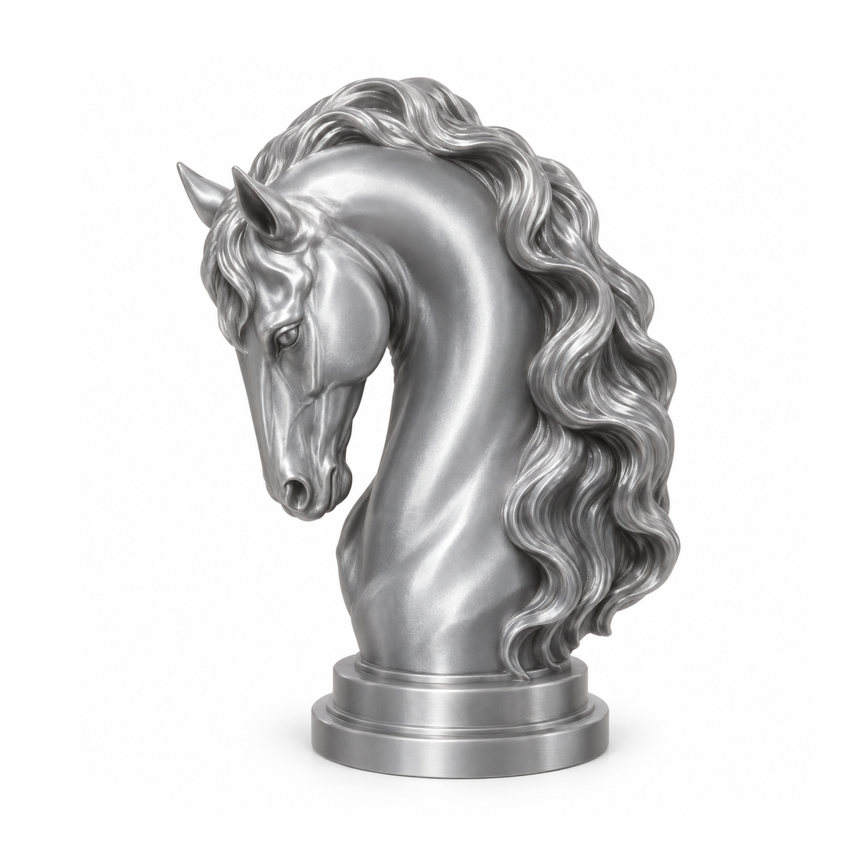 Busto de caballo impreso en 3D con PLA Silk Plata de Figutech, acabado seda brillante
