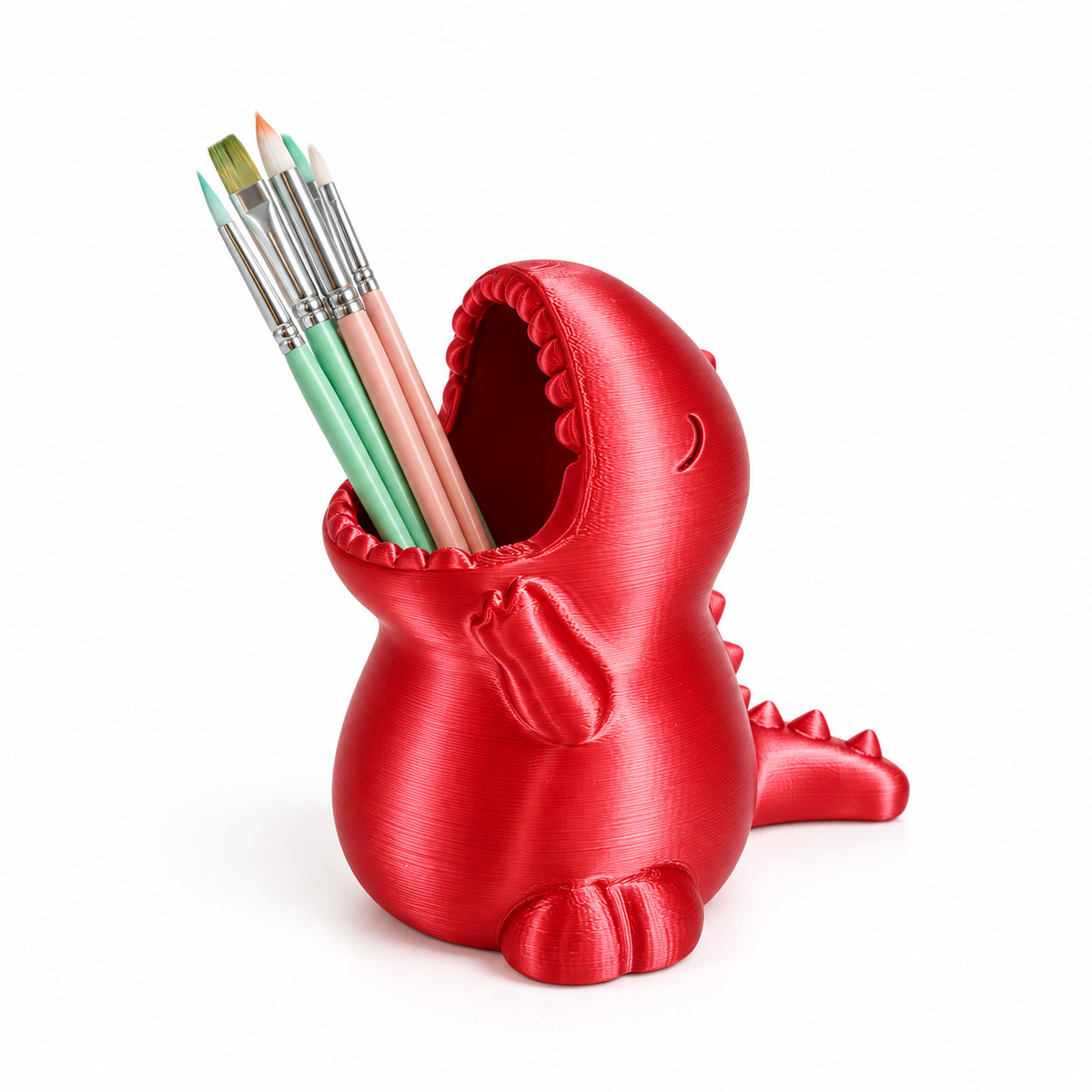 Portalápices de T-rex impreso en 3D con PLA Silk Rojo de Figutech, acabado seda brillante
